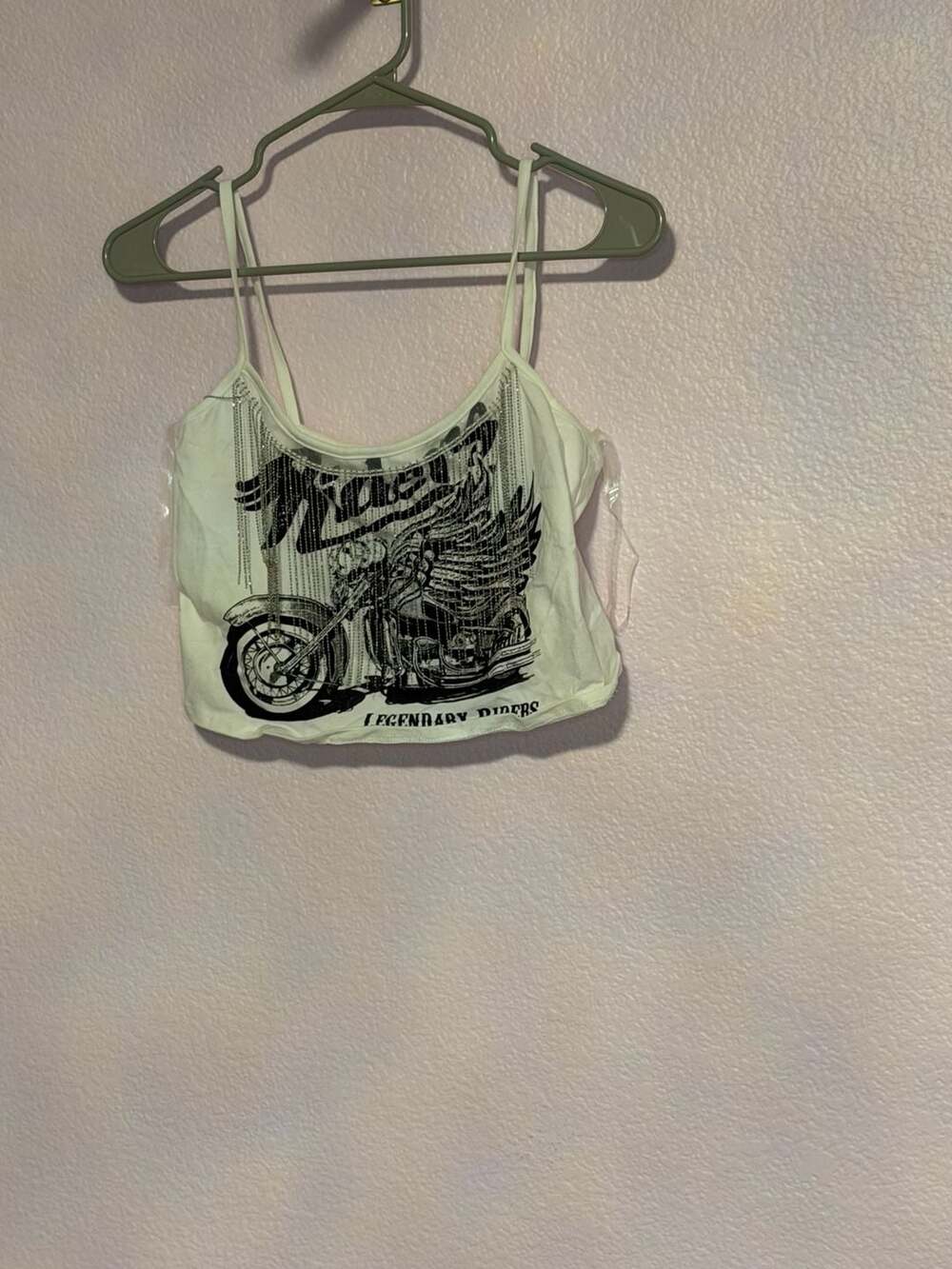 January 7 Motorcycle Graphic Crop Top White Spaghetti Strap Y2K